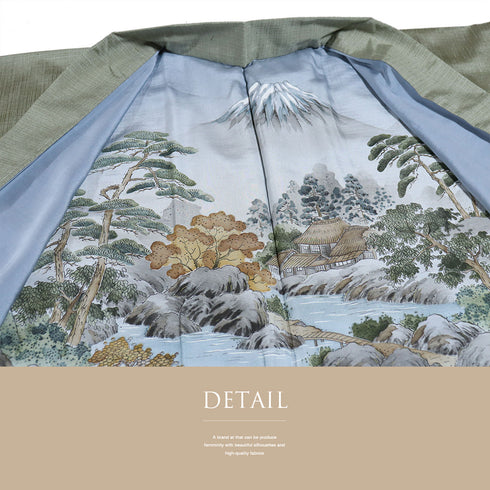 アンサンブル 男物 リサイクル 身丈150cm 裄76cm 羽織丈100cm 袷 紬 ゆったり グリーン Lサイズ お洒落 カジュアル しつけ糸 正絹 棒衿 Sランク